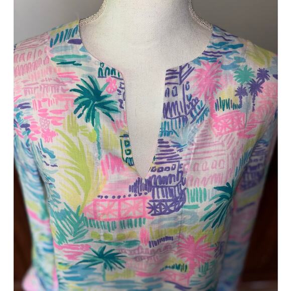 Womens Lilly Pulitzer Ocean Cove 100% Linen Tunic Blouse Top Blue Pink Size XS - Picture 5 of 13
